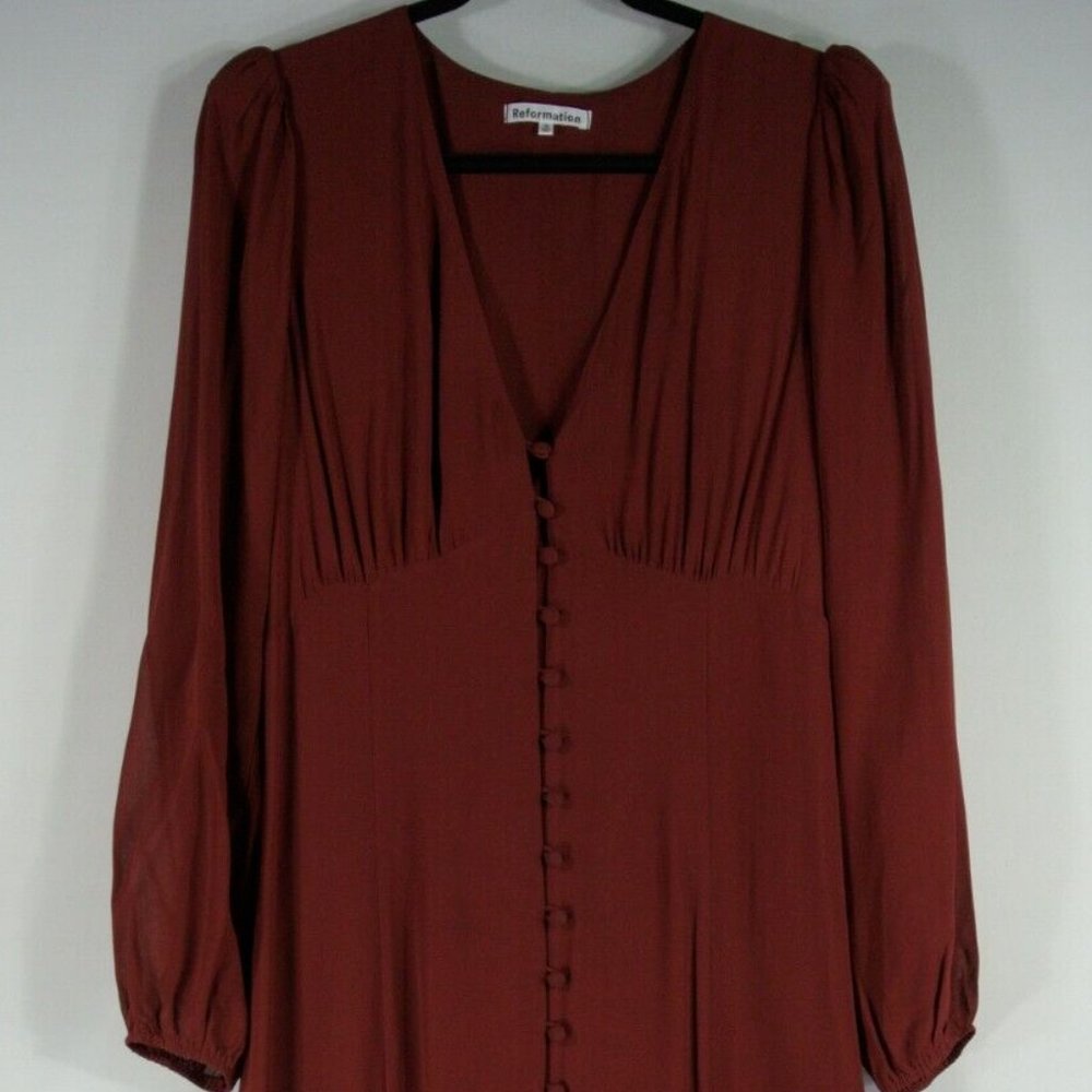 NEW Reformation Brogan Long Sleeve Button Front Midi Dress Chianti Size 12 #X108 - Picture 7 of 12